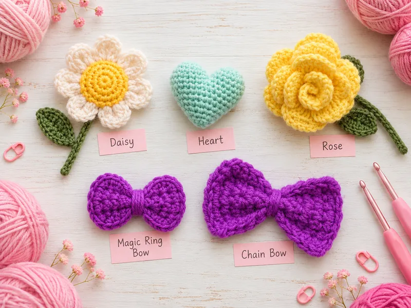 Crochet daisy, heart, rose and two bows