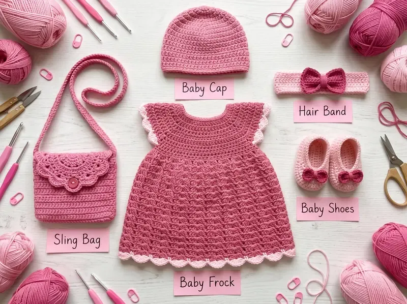 Crochet baby frock, cap, sling bag, hair band and shoes