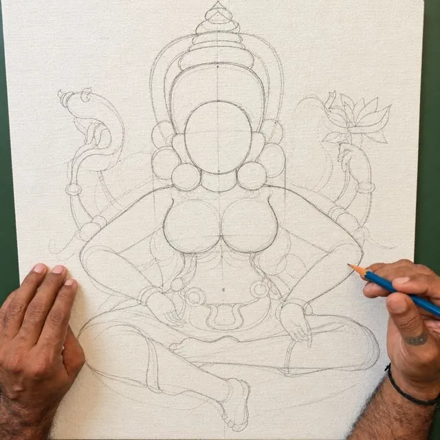 Freehand pencil construction lines of the Bhuvaneshwari figure