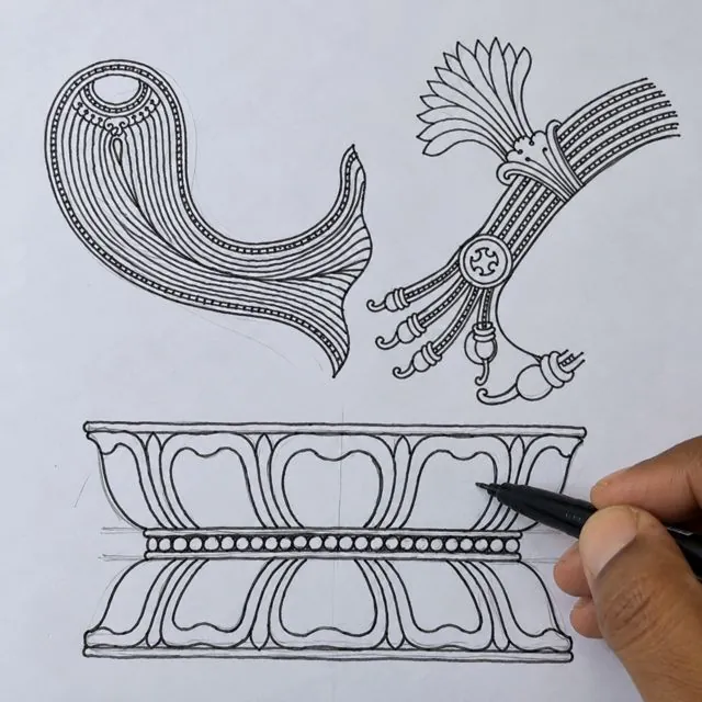 Ink drawings of a scarf, tassel and lotus pedestal