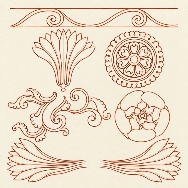 Line drawings of mural elements: border, lotus, rosette, scrolls and leaves
