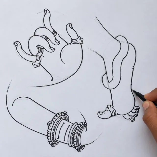 Ink drawings of a mudra hand, arm and foot