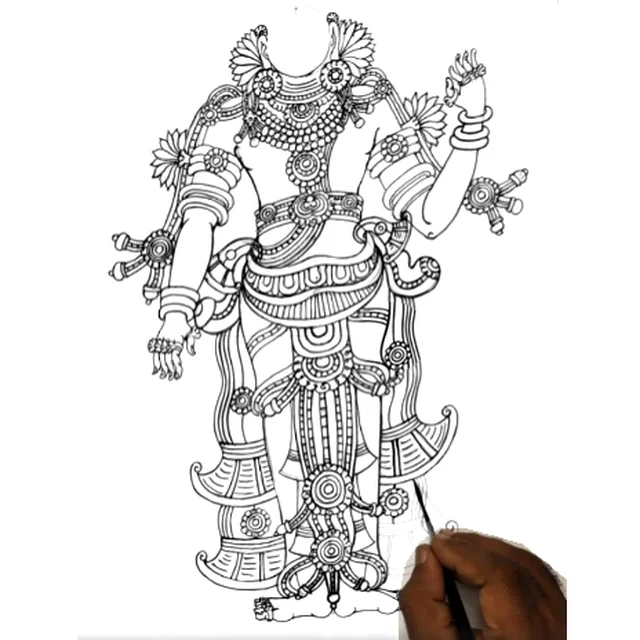 Inking a detailed Kerala mural line drawing by hand